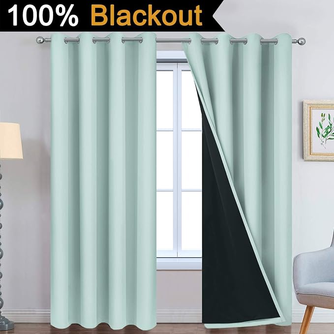 Yakamok Aqua 100% Blackout Curtains 84 Inches Long for Bedroom 52" Wide | Blackout Curtain Panels for Bedroom, 2 Thick Layers Grommet Top Thermal Insulated Drapes with Black Liner for Living Room