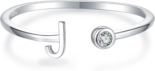 925 Sterling Silver Initial Letter Birthstone Rings for Women Adjustable 1-12 Month Birthstone Alphabet Stacking Ring for Teens Girls Stackable Birthstone Rings Birthday Jewelry Gift for Daughter Mom