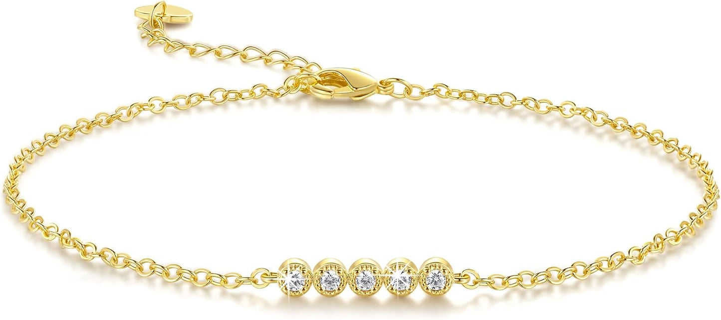 14K Gold Plated Ankle Bracelets for Womens Ankle Bracelet 14K Gold Plated Anklets for Women Elegant Line with Five Cubic Zirconias Anklets for Womens Adjustable 9.4+1.6in