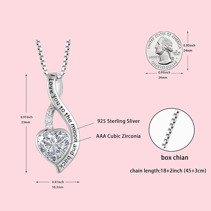 I Love You to The Moon and Back Necklace for Women, 925 Sterling Silver Heart Birthstone Pendant Necklace Jewelry Anniversary Birthday Gifts for Girls Women Wife Mom Daughter