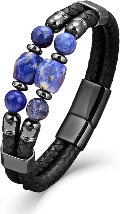 Mens Turquoise/Lapis Lazuli/Tiger Eye/Black Agate/Obsidian Leather Braided Bracelets for Father's Day/Birthdays/Graduation Jewelry Wristband Cuff Bracelet with Stainless Steel Clasp