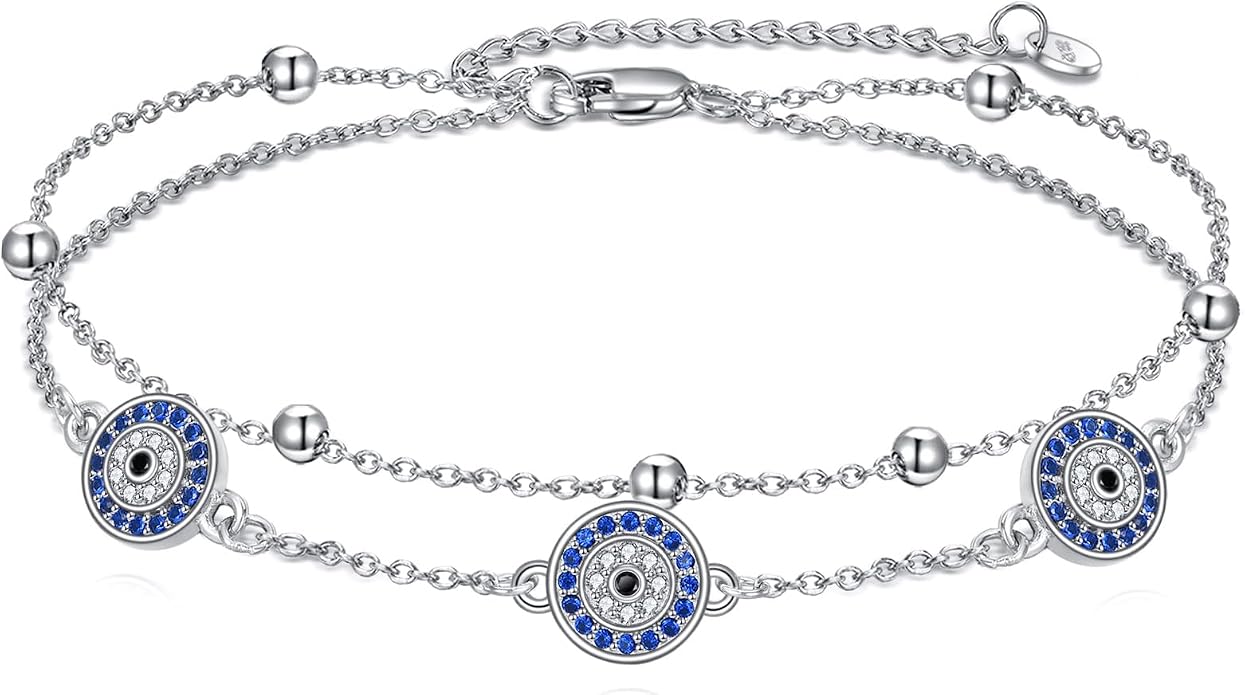 S925 Sterling Silver Evil Eye Anklet for Women, Protection Charm Ankle Bracelet, Adjustable Chain Anklet, Gift for Her