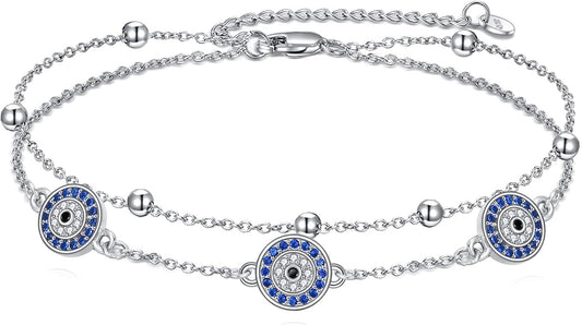 S925 Sterling Silver Evil Eye Anklet for Women, Protection Charm Ankle Bracelet, Adjustable Chain Anklet, Gift for Her