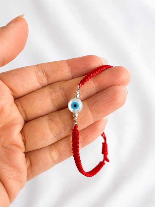 Evil Eye Bracelet for Men Women, Sterling Silver Protection Bracelet, Adjustable Black or Red Woven Cord Bracelet, Good Luck Jewelry Gift