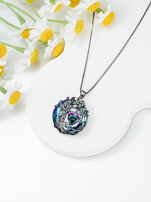 TOUPOP Tree of Life Birthstone Necklace Sterling Silver Pendant Birthstone Necklaces with Blue Crystal Anniversary Birthday Jewelry for Women Mom Wife Her