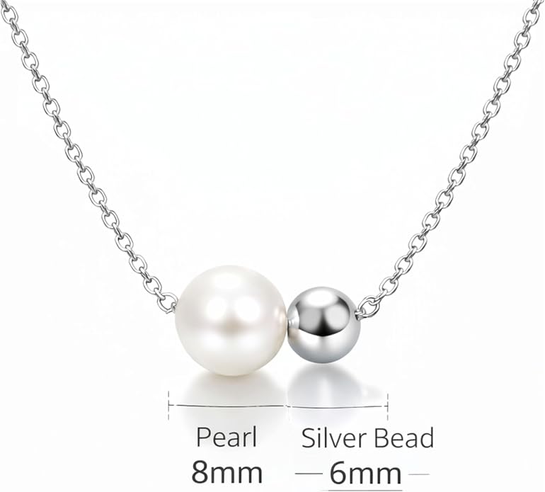 QueenBee Double Floating Pearl & Bead Bolo Necklace - 8mm Pearl with 14K Gold Filled or 925 Sterling Silver Accents, Adjustable Slider Chain, No-Clasp Waterproof Jewelry