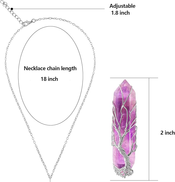VIBILIA Healing Crystal Necklace Tree of Life Wire Wrapped Natural Stone Point Pendant Necklace Hexagonal Reiki Spiritual Quartz Gemstone Jewelry for Women Men
