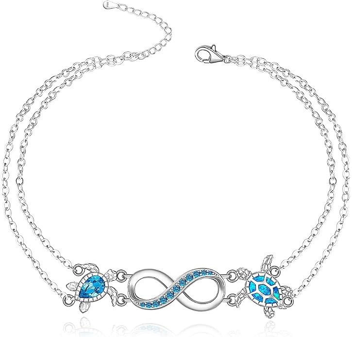 Fenthring Turtle Anklets for Women Turtle Ankle Bracelet Blue Opal Sea Sterling Silver Infinity Wave Ocean Beach Summer Jewelry Mothers Day