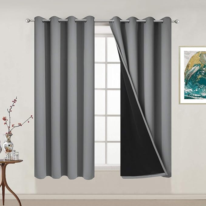 Yakamok Grey Blackout Curtains 54 Inches Long for Bedroom 52" Wide 2 Pcs | Blackout Curtain Panels for Bedroom, 2 Thick Layers Grommet Top Thermal Insulated Drapes with Black Liner for Living Room