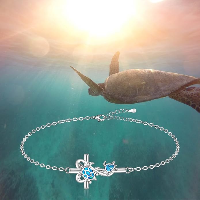 Fenthring Turtle Anklet S925 Sterling Silver Blue Opal Sea Turtle Ankle Bracelets for Women Infinity Wave Ocean Beach Summer Foot Bracelet Jewelry Layered Adjustable