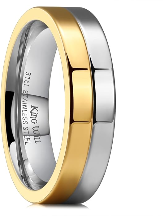 King Will 316L Stainless Steel Men's Wedding Band – 6/8 mm Dual-Tone Wedding Ring Polished Finish with Gold/Black Steel Plating, Fashionable and Durable Stainless Steel Men's Ring Size 7-14