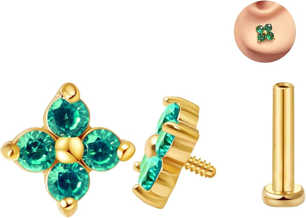 FANSING CZ Flower Internally Threaded Flat Back Earring Labret Stud for Cartilage Tragus Helix Conch