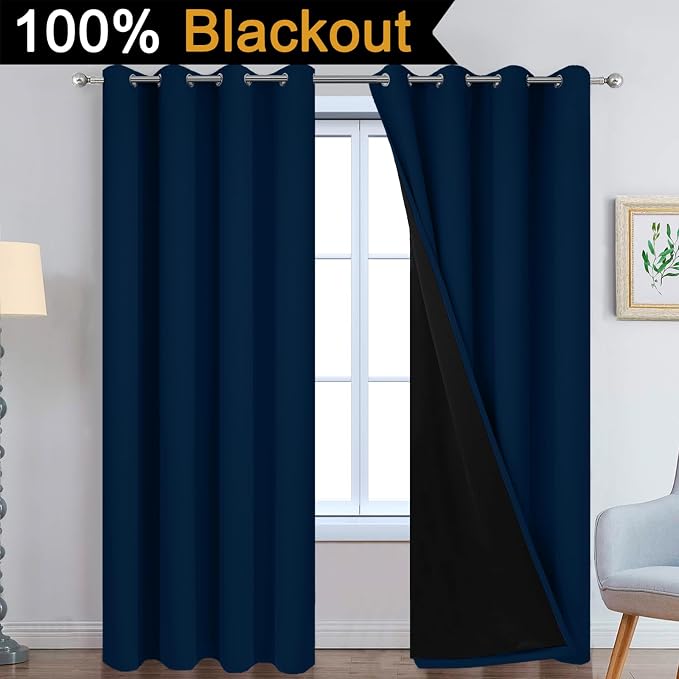 Yakamok Dark Blue 100% Blackout Curtains 84 Inches Long 52" Wide 2 Panels | Blackout Curtain Panels for Bedroom, 2 Thick Layers Grommet Top Thermal Insulated Drapes with Black Liner for Living Room