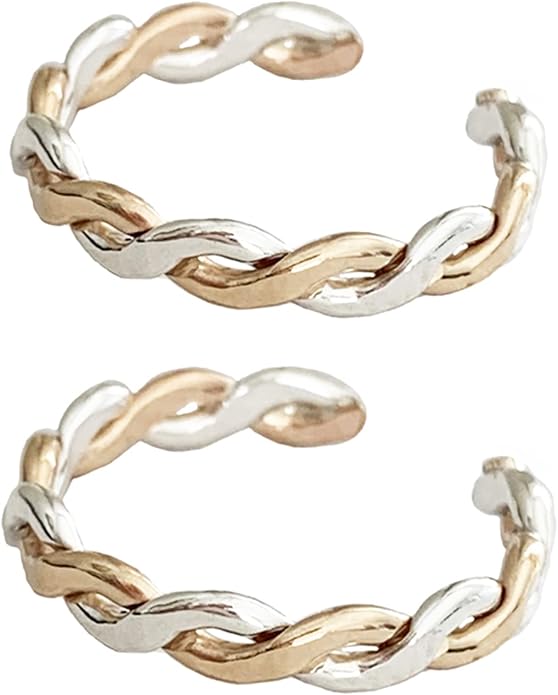 Toe Rings | Gift Set of Two Twine Medley Adjustable Toe Rings | Duo-Tone Braid 14k Gold Fill & Sterling Silver | Unisex Design