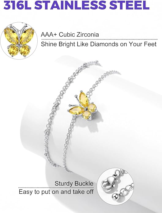Richsteel Double Layer Heart/Butterfly Birthstone Anklet for Women Non Tarnish Waterproof, Silver/Gold/Black Stainless Steel 8.5-10.5 Inch Adjustable Chain Anklets Jewelry Gifts for Her
