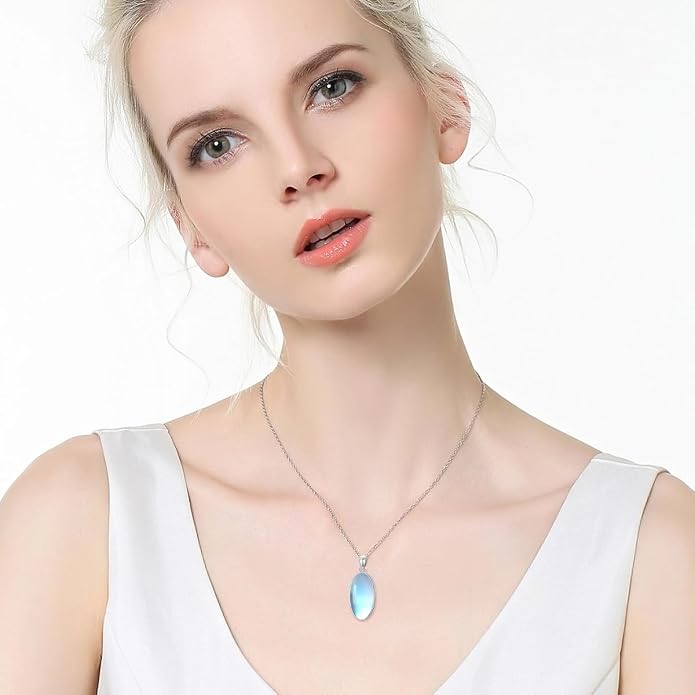 925 Sterling Silver Oval Moonstone/Turquoise Pendant Necklace, Dainty Necklace Jewelry Gifts for Women, with 18+2inch Chain