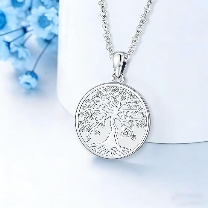 Aniu Tree of Life Necklace for Women, 925 Sterling Silver Mother of Pearl Family Palm Tree Charm Pendant Jewelry for Birthday Christmas Gift