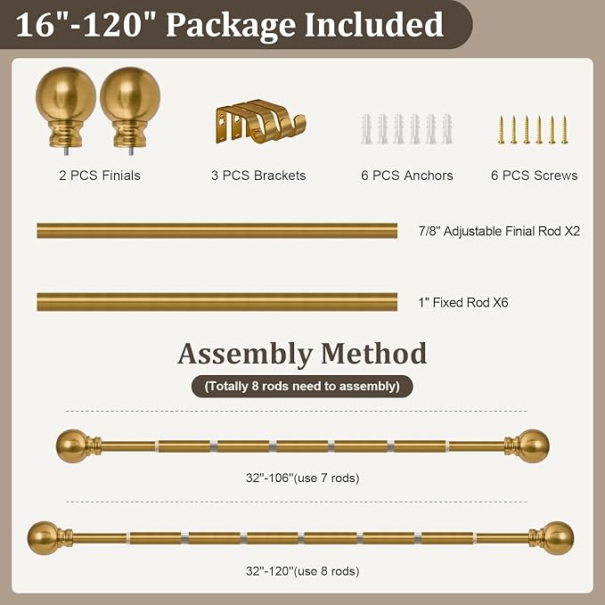 Modern Gold Curtain Rods for Windows 66 to 120 Inch Long Heavy Duty Brass | Window Curtain Rod 1" Diameter Adjustable with Metal Finials for Living Room Bedroom Farmhouse Kitchen Outdoor