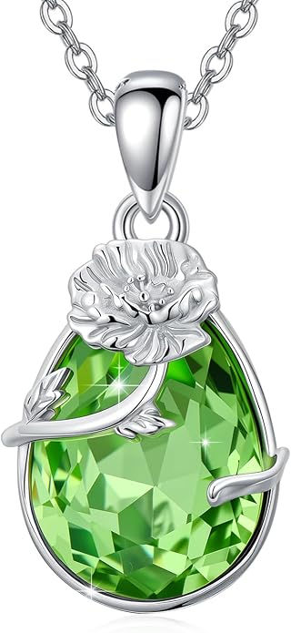 925 Sterling Silver Birth Flower Necklace with Teardrop Shaped Birthstone - 12 Colors, 12 Kinds of Flower - Ideal Birthday Jewelry Gift for Women, Mothers, Daughters & Wives