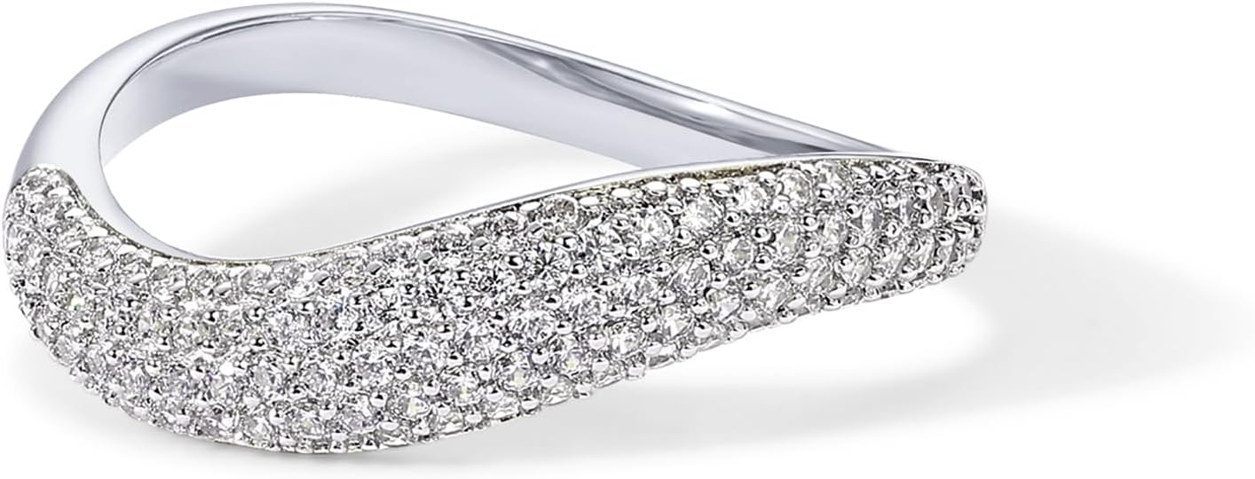 PAVOI 14K Gold Plated Wavy Cubic Zirconia Stackable Ring for Women | Twisted Wave CZ Band | Delicate Eternity Rings