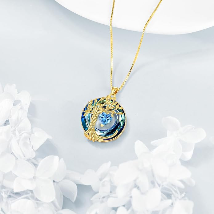 POPLYKE Mothers Day Gifts for Mom Her Wife Tree of Life Necklace 925 Sterling Silver Birthstone Pendant with Crystal Anniversary Birthday Wedding Jewelry for Women