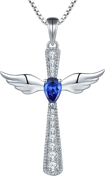 YL Cross Necklace 925 Sterling Silver Angel Wings Pendant Teardrop Birthstone Criss Jewelry for Women