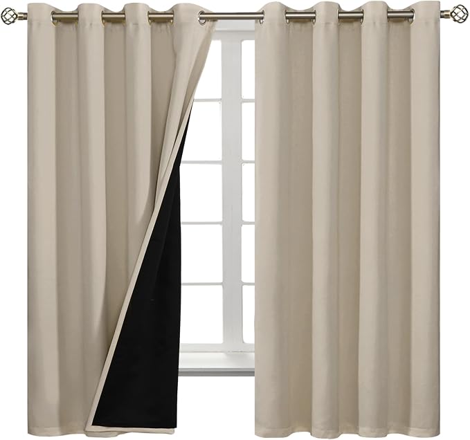 BGment Thermal Insulated 100% Blackout Curtains for Bedroom with Black Liner, Double Layer Full Room Darkening Noise Reducing Grommet Curtain (52 x 72 Inch, Cashmere, 2 Panels)