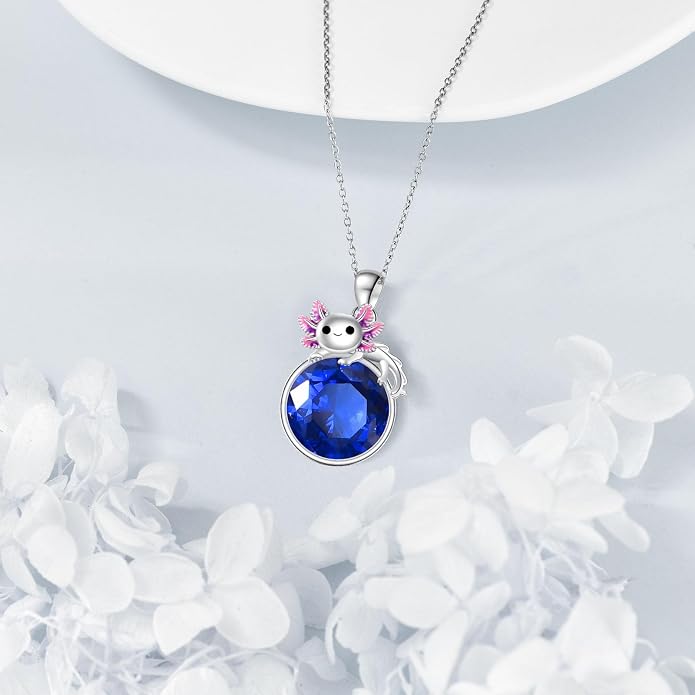 Birthstone Axolotl Necklace Sterling Silver Axolotl Pendant Cubic Zirconia Jewelry Birthday Gifts for Women Men