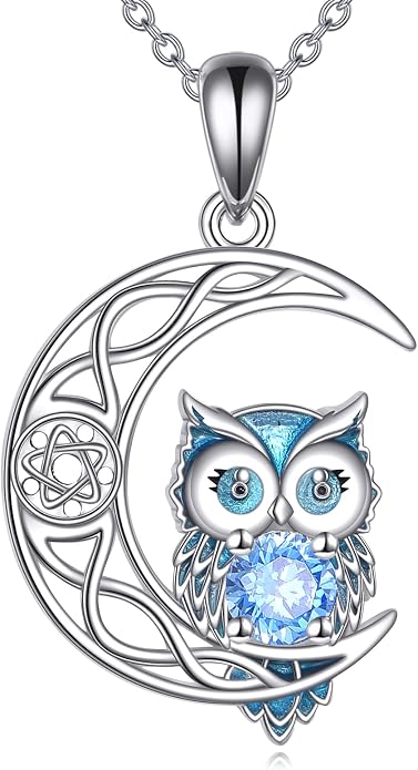 Owl Birthstone Necklace Sterling Silver Celtic Moon Pendant Cubic Zirconia Owls Jewelry Birthday Gifts for Women Men