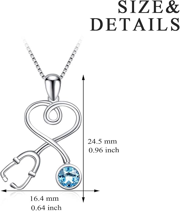 AOBOCO Stethoscope Necklace 925 Sterling Silver Embellished with 12 Months Birthstone Crystals from Austria, Graduation Gifts Medical Jewelry for Doctor Nurse Medical Student RN