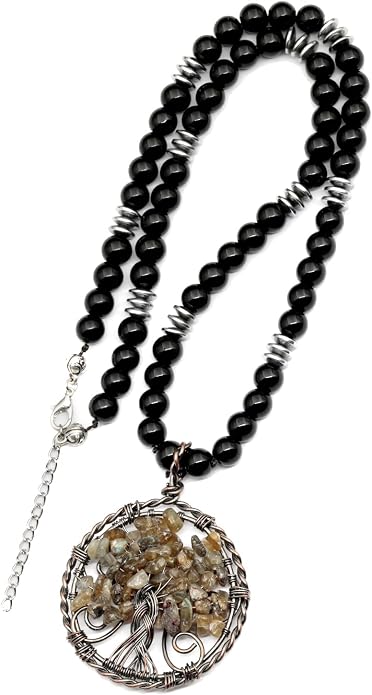 ElisaJewelryArt - Natural Amethyst Big Tree Of Life Pendant Black Onyx Stone Beaded Necklace Genuine Gemstone Feng Shui Stone Clasp Closure Necklace Unisex Necklace