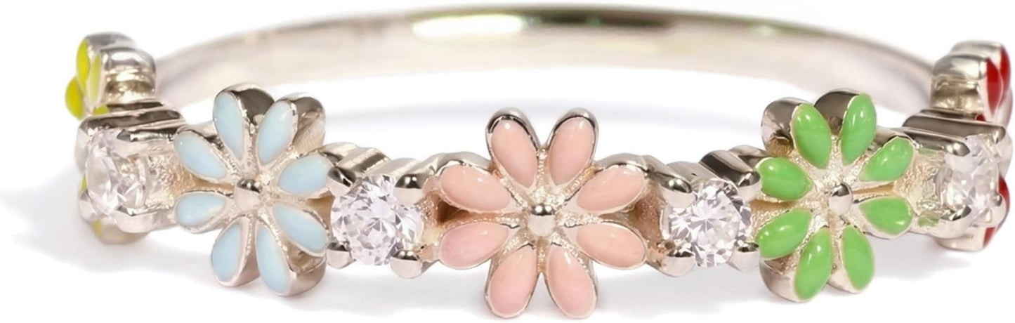 Color Daisy 925 Sterling Silver Wedding Band Plated with 18K White Gold Stackable Promise Engagement Rings Brand Jewelry Adjustable