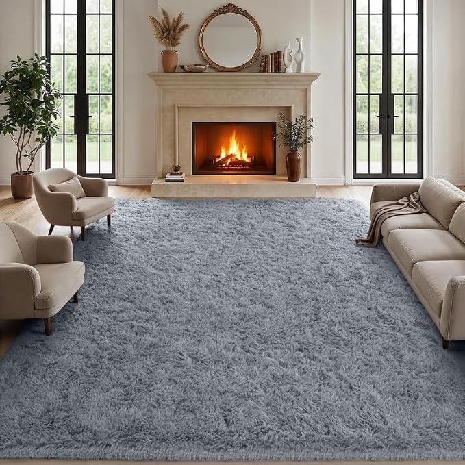 Area Rugs 9x12 Living Room Bedroom: Soft Fluffy Shag Rugs Upgrade Non-Slip High Pile Carpet Large Fuzzy Plush Indoor Floor Shaggy Carpets for Nursery Kid Playroom Office Dorms Home Decor Light Gray