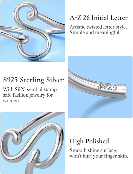 SILVERCUTE S925 Initial Rings, Adjustable Size 6-12 Statement Alphabet Letter A-Z Jewelry Personalized Twisted Initials Rings Sterling Silver Stacking Ring for Women