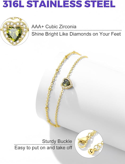 Richsteel Double Layer Heart/Butterfly Birthstone Anklet for Women Non Tarnish Waterproof, Silver/Gold/Black Stainless Steel 8.5-10.5 Inch Adjustable Chain Anklets Jewelry Gifts for Her