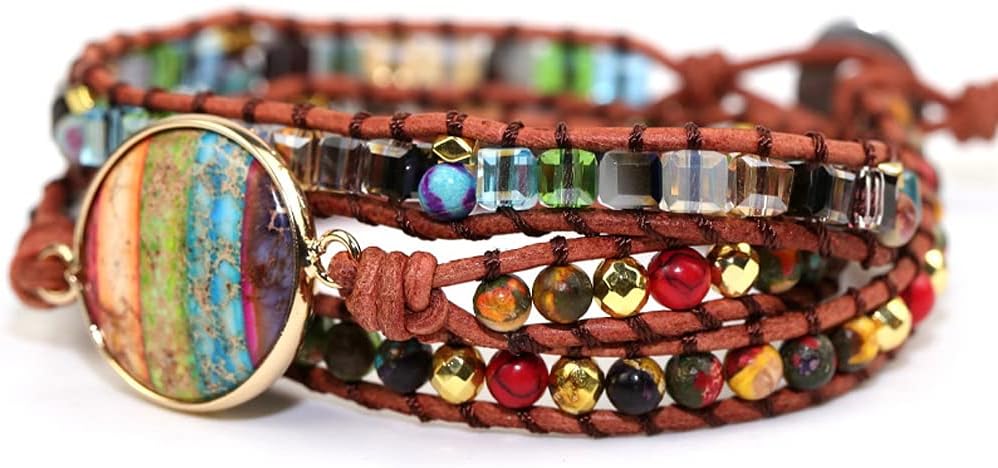 Women Wrap Bracelet Boho Natural Jasper Crystal Stone Beads Strand Bracelets