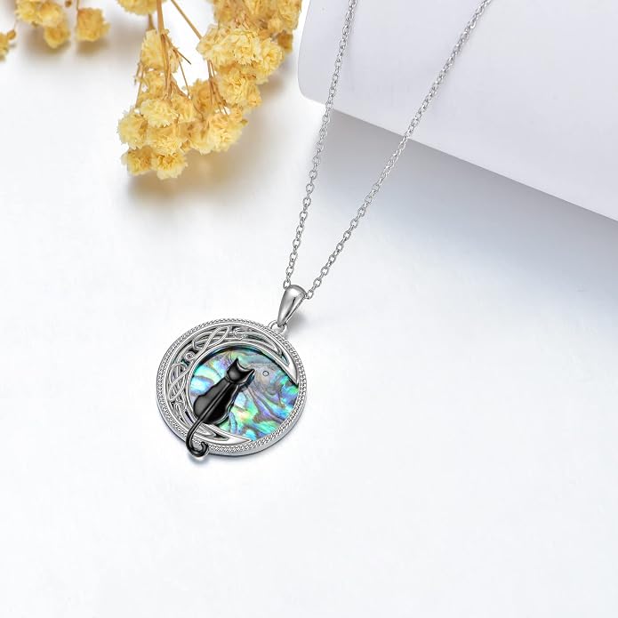 TOUPOP Cat Necklace Sterling Silver Abalone Shell Celtic Cat on the Moon with Abalone Shell Birthday Christmas Jewelry Gifts for Women