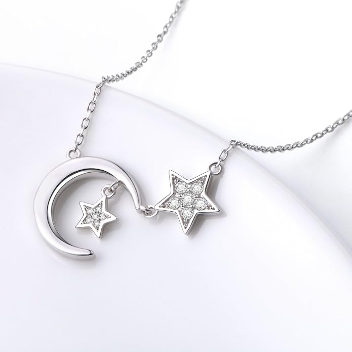 Ladytree 925 Sterling Silver Jewelry Crescent Moon and Star Pendant Necklace