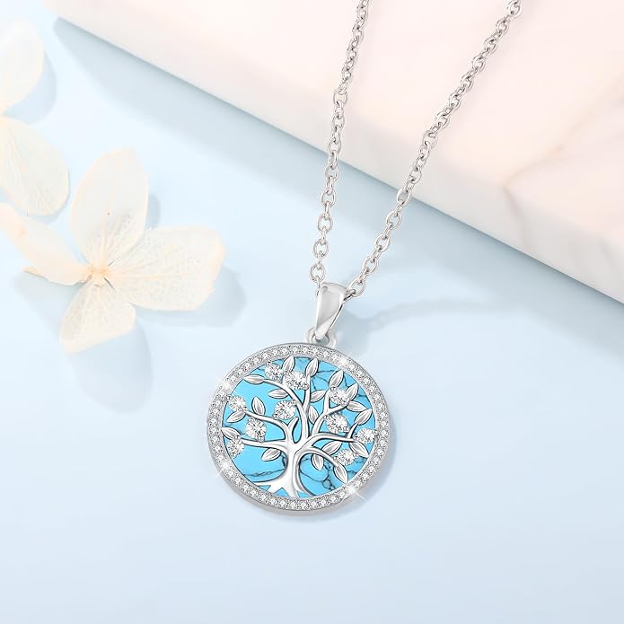 Aniu Tree of Life Necklace for Women, 925 Sterling Silver Mother of Pearl Family Palm Tree Charm Pendant Jewelry for Birthday Christmas Gift