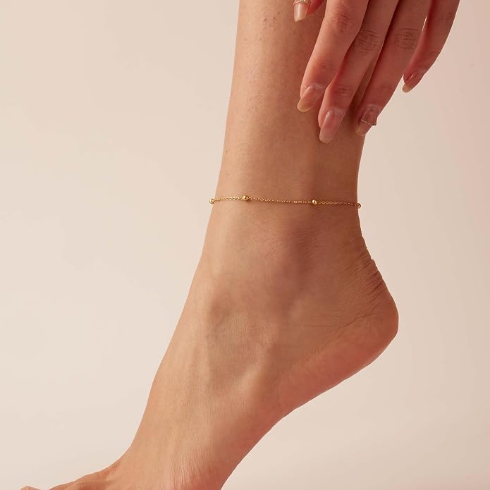 Dainty Ankle Bracelets for Women 18K Gold Plated Satellite Beaded Herringbone Lip Chain Anklets Simple Minimalist Summer Beach Foot Jewelry Christmas Gifts