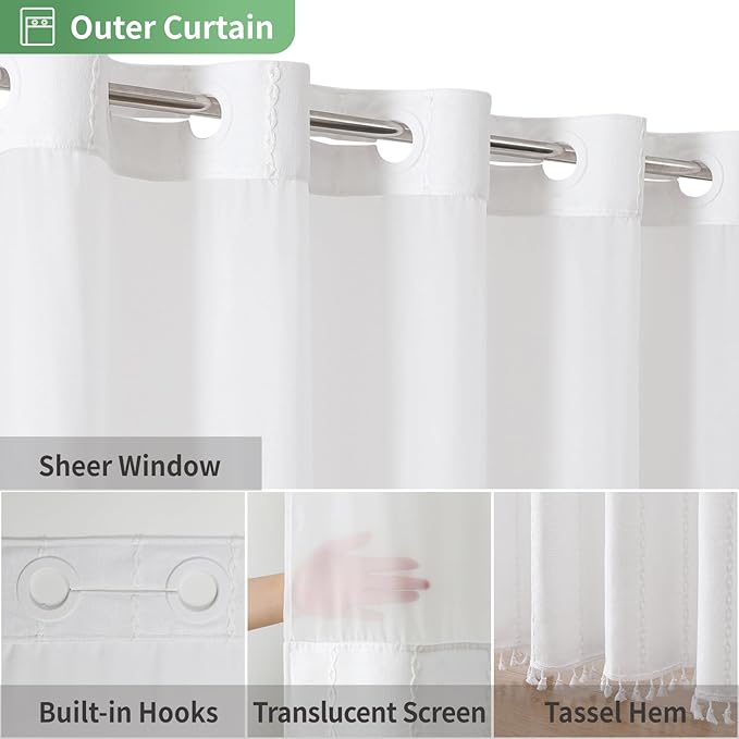 eachope No Hook Long Shower Curtain Set with Snap-in Fabric Liner,Linen Ultra Thick Fabric with Tassels,Boho Chic Modern Farmhouse Country Neutral Cloth Shower Curtains for Bathroom,White,71x80