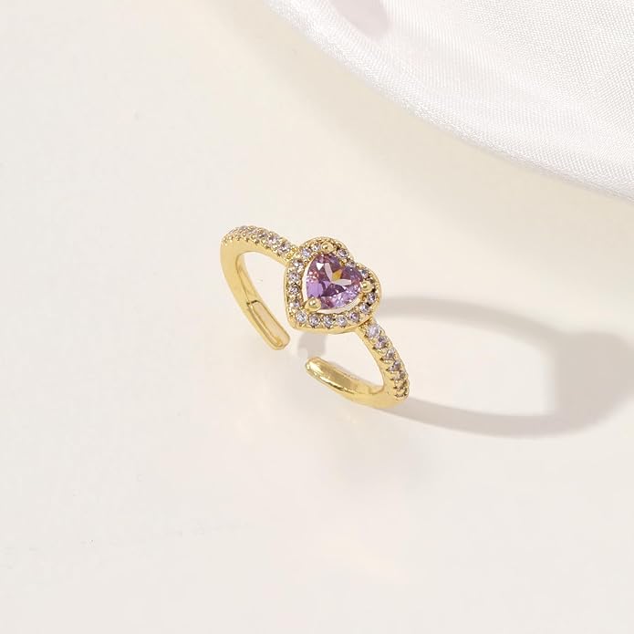 Gold Birthstone Rings for Women Non Tarnish 14k Gold Plated Dainty Heart Rings Adjustable Size Cubic Zirconia Ring Gold Simulated Gemstone Rings Birthday Gifts for Women
