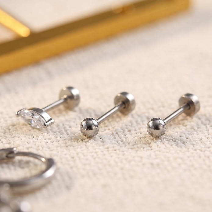 Stainless Steel Stud Earrings Set for Women Hypoallergenic Flat Back Cartilage Earrings Screw Back Huggie Hoop Earrings Multiple Piercing Cubic Zirconia Helix Tragus Jewelry