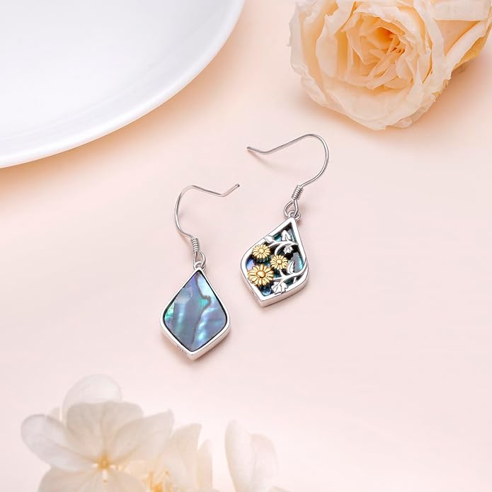 Sunflower Earrings for Women 925 Sterling Silver Dangle Earrings | Hypoallergenic Fishhook, Natural Abalone Shell, 18k Gold Plated Sunflower, Dangle Drop Earrings, Jewelry Gift for Graduation