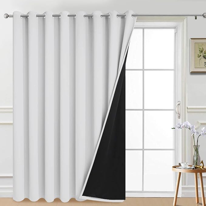 Yakamok Greyish White Blackout Patio Door Curtain Panels W100 x L84,1 Panel | Noise Reducing Barrier Panel for Sliding Glass Door, 2 Thick Layers Heat Full Light Blocking Patio Door Drapery