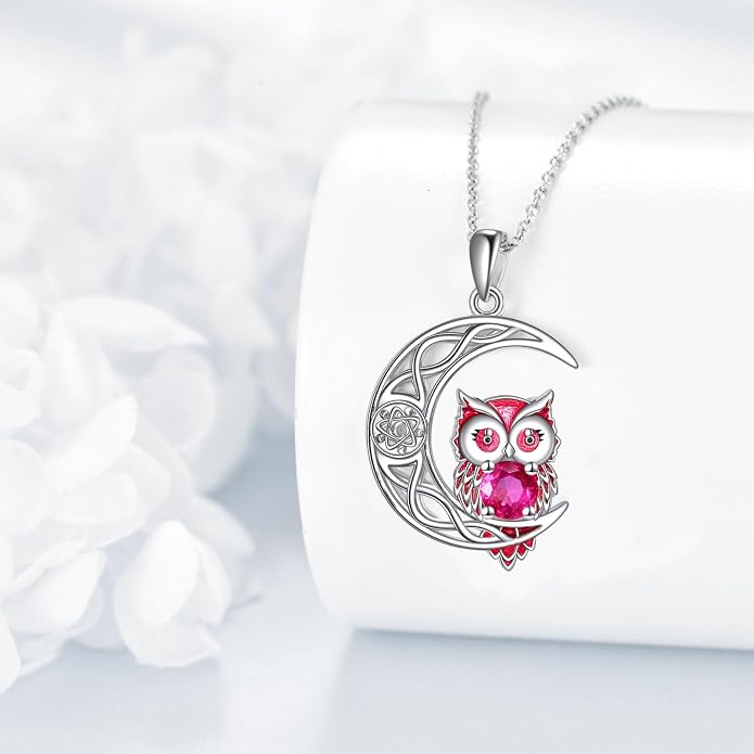 Owl Birthstone Necklace Sterling Silver Celtic Moon Pendant Cubic Zirconia Owls Jewelry Birthday Gifts for Women Men