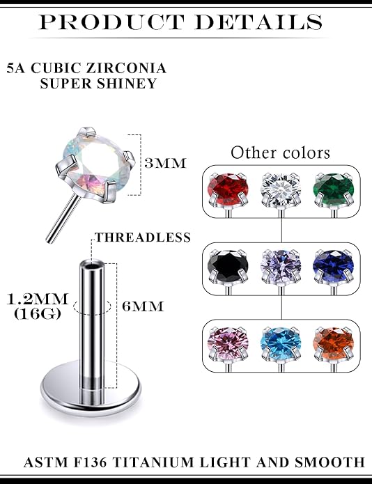 20G 18G 16G Astm F136 Titanium Threadless Flat Back Earrings Nose Studs Tragus Helix Conch Cartilage Lobe Earrings Medusa Labret Snake Bite Monroe Lip Ring Piercing Jewelry For Women Men