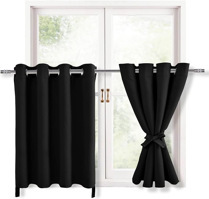 Hiasan RV Blackout Curtains for Bedroom, 52 x 30 Inches Long - Thermal Insulated & Light Blocking Window Curtains for Living Room, 2 Drape Panels Sewn with Tiebacks, Black
