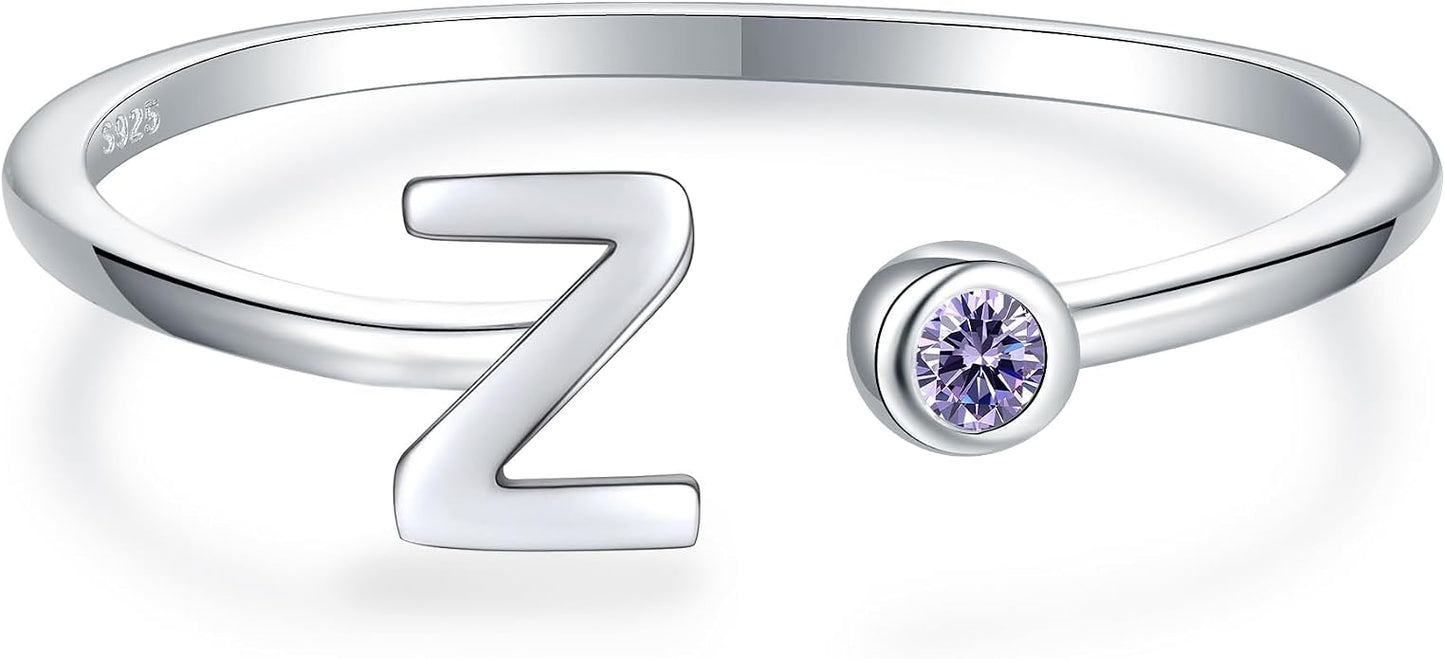 925 Sterling Silver Initial Letter Birthstone Rings for Women Adjustable 1-12 Month Birthstone Alphabet Stacking Ring for Teens Girls Stackable Birthstone Rings Birthday Jewelry Gift for Daughter Mom