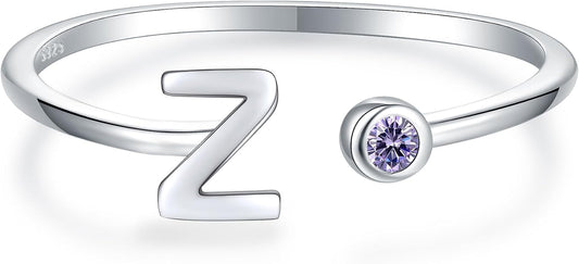 925 Sterling Silver Initial Letter Birthstone Rings for Women Adjustable 1-12 Month Birthstone Alphabet Stacking Ring for Teens Girls Stackable Birthstone Rings Birthday Jewelry Gift for Daughter Mom